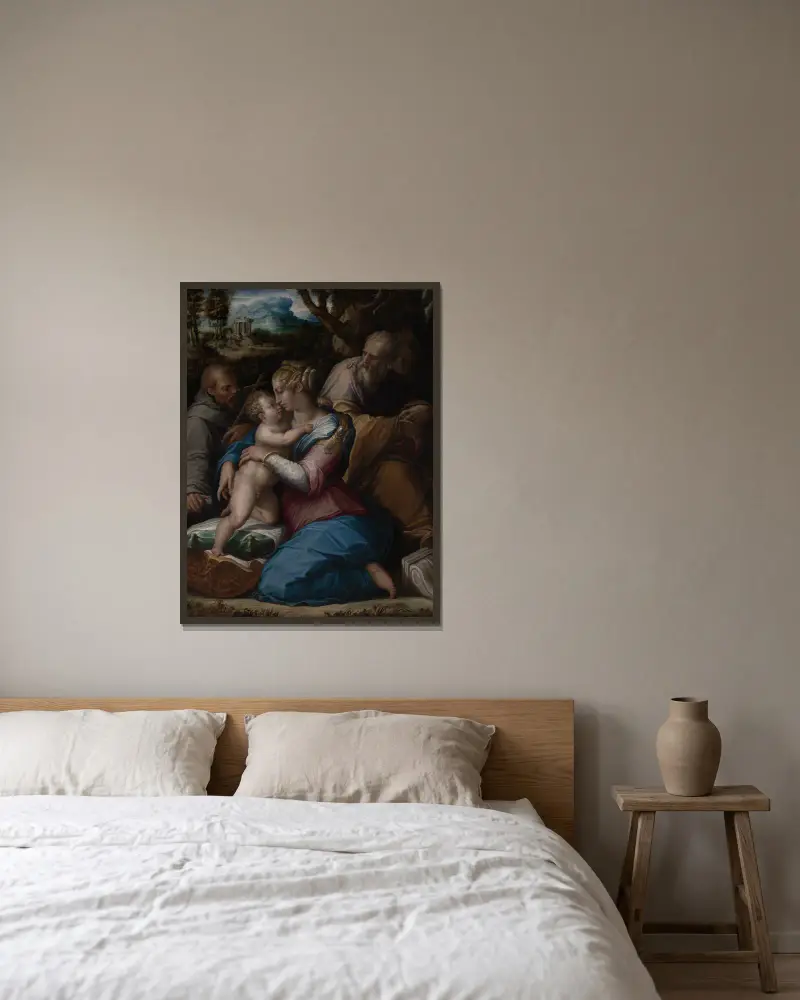 Holy Family with Saint Francis av Giorgio Vasari inramad på en vägg