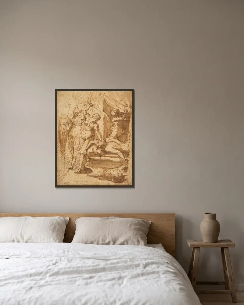 Judit halshugger Holofernes av Giorgio Vasari inramad på en vägg