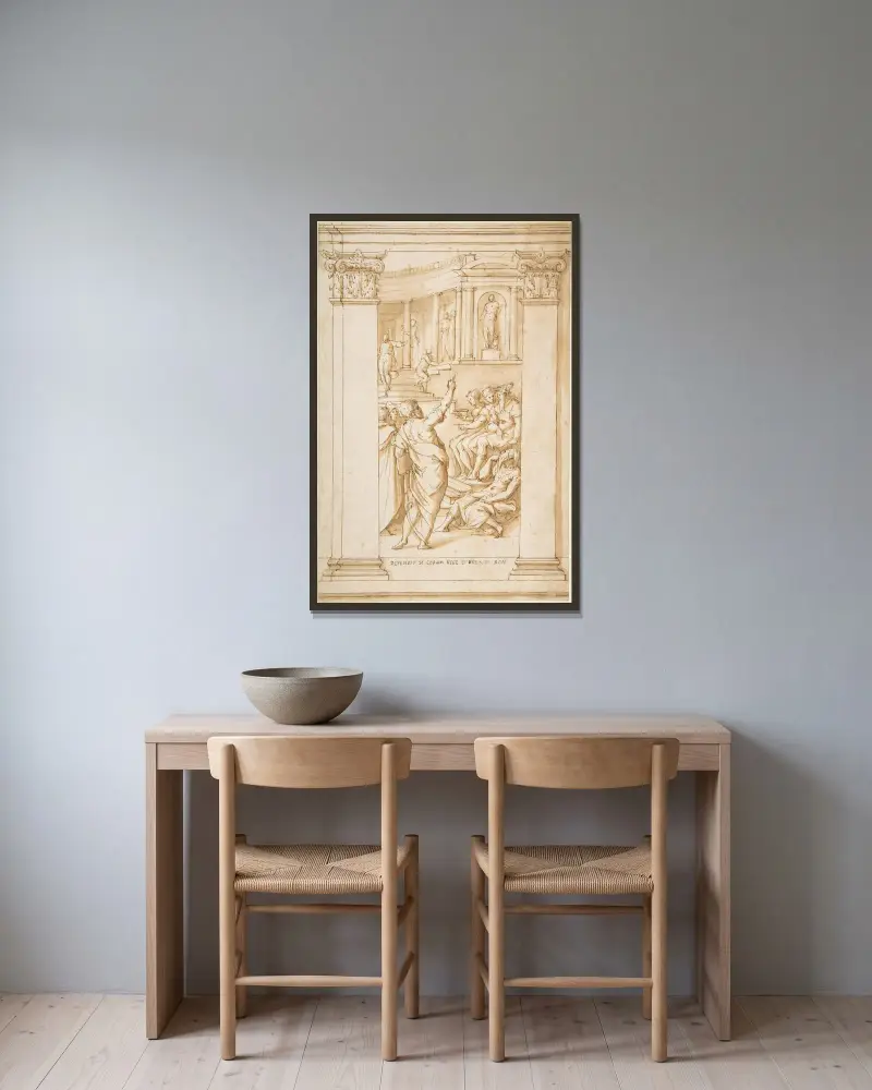 Paulus talar inför kung Agrippa av Giorgio Vasari inramad på en vägg