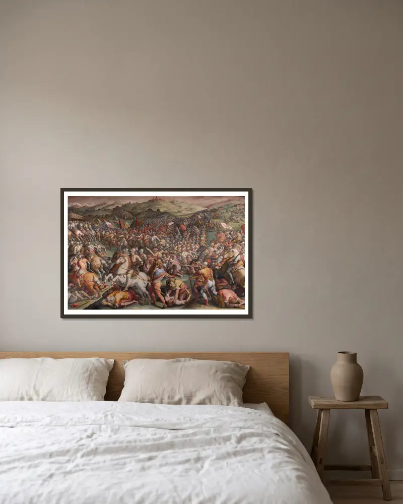 The battle of Marciano in Val di Chiana av Giorgio Vasari inramad på en vägg