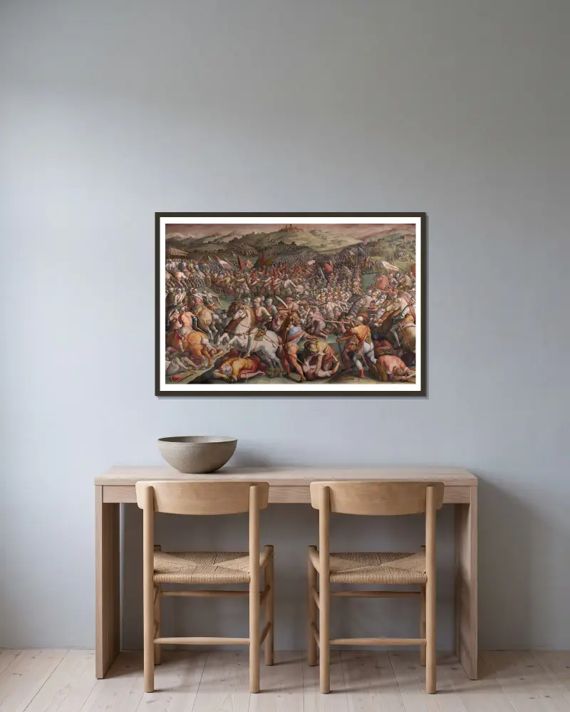 The battle of Marciano in Val di Chiana av Giorgio Vasari inramad på en vägg