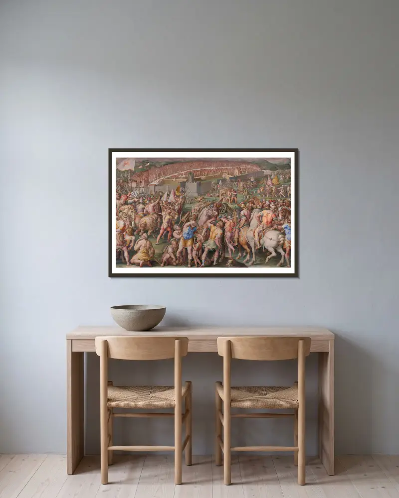 The storming of the fortress of Stampace in av Giorgio Vasari inramad på en vägg