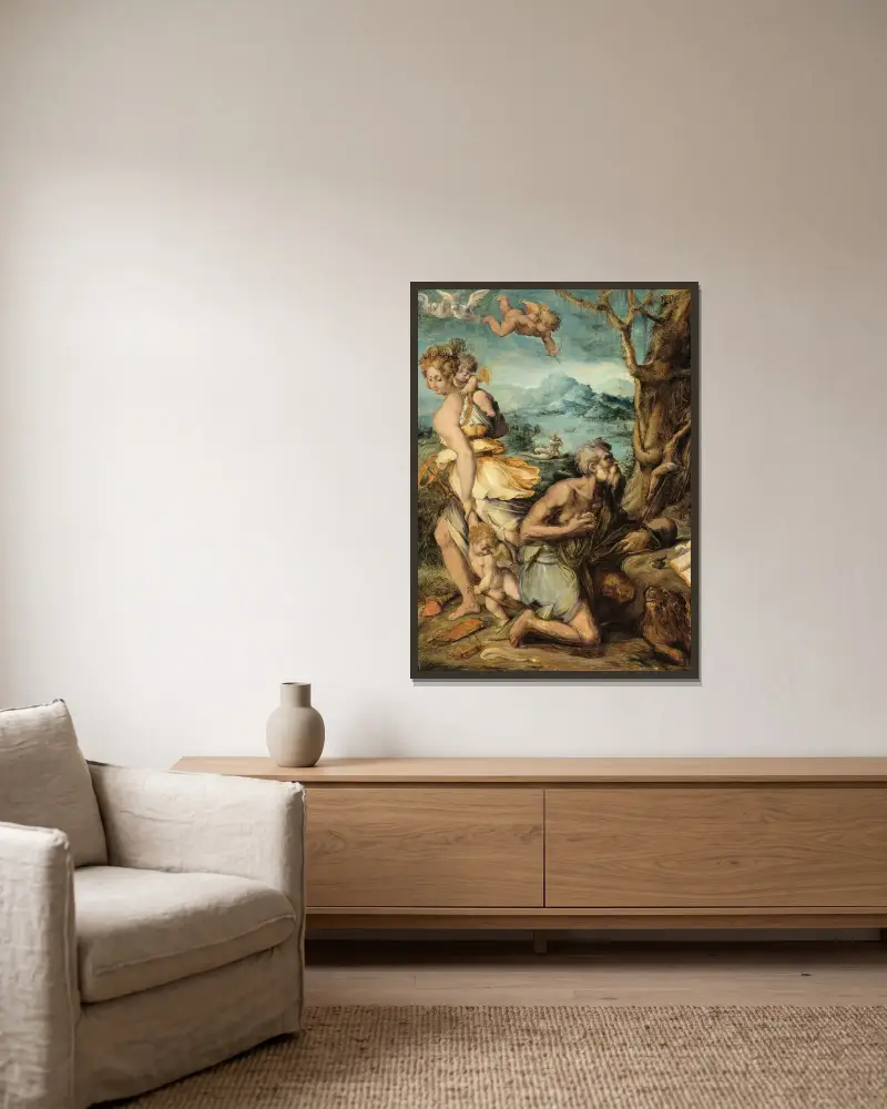 Frestelsen av den helige Hieronymus av Giorgio Vasari inramad på en vägg
