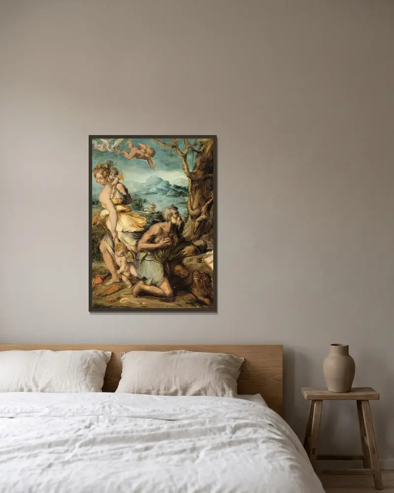 Frestelsen av den helige Hieronymus av Giorgio Vasari inramad på en vägg