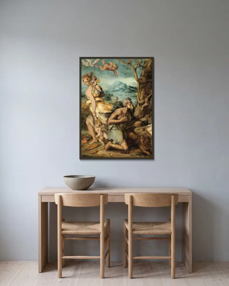 Frestelsen av den helige Hieronymus av Giorgio Vasari inramad på en vägg