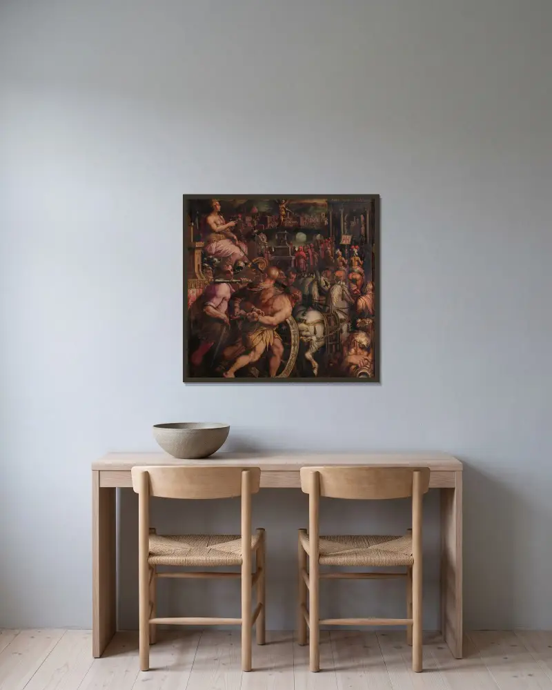 Triumf efter segern vid Pisa av Giorgio Vasari inramad på en vägg