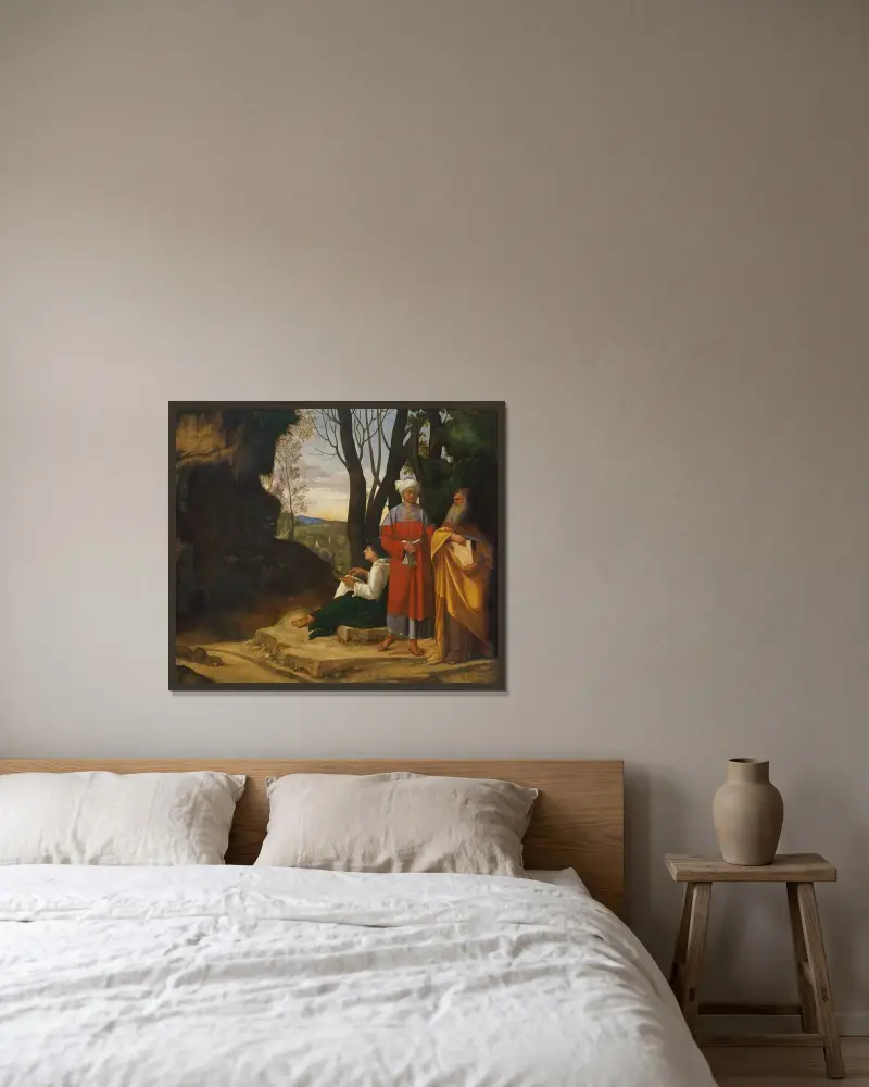 Die drei Philosophen von Giorgione gerahmt an einer Wand