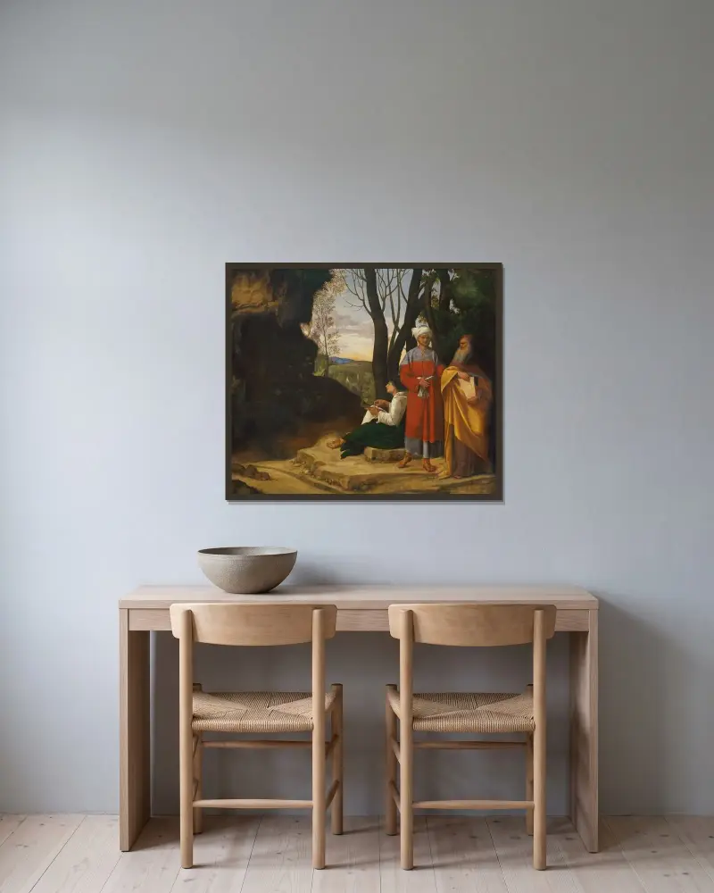 Die drei Philosophen von Giorgione gerahmt an einer Wand