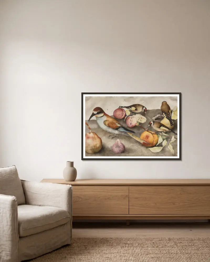 Still Life with Birds and Fruit av Giovanna Garzoni inramad på en vägg