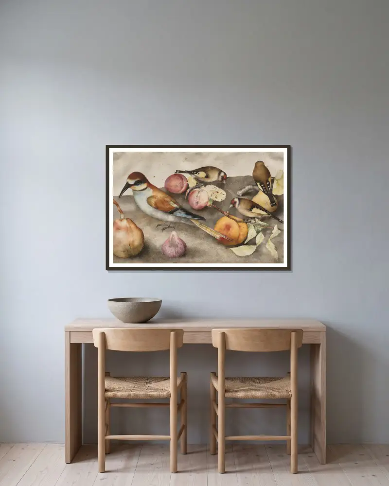 Still Life with Birds and Fruit av Giovanna Garzoni inramad på en vägg