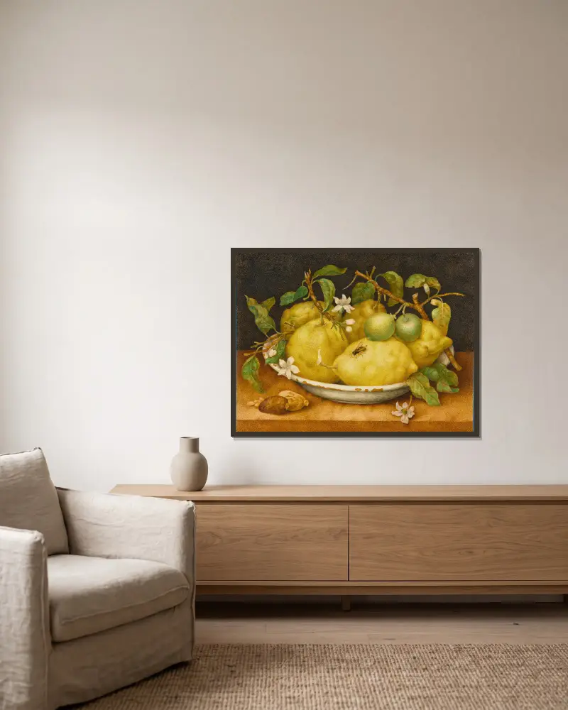 Still Life With Bowl Of Citrons av Giovanna Garzoni inramad på en vägg