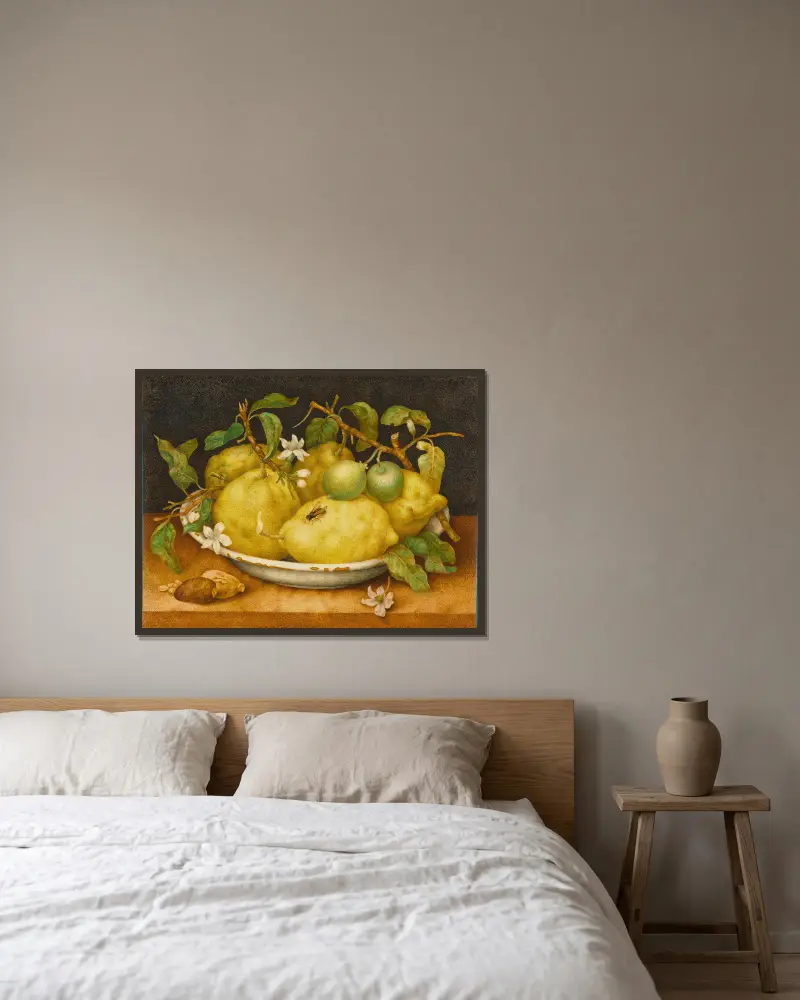 Still Life With Bowl Of Citrons av Giovanna Garzoni inramad på en vägg