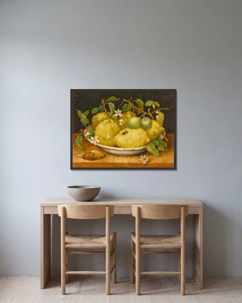 Still Life With Bowl Of Citrons av Giovanna Garzoni inramad på en vägg