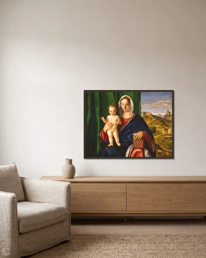 Madonna and Child, 1509 av Giovanni Bellini inramad på en vägg