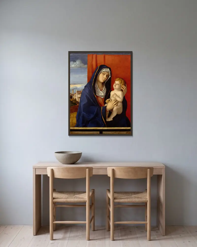 Madonna and Child – nr 1 av Giovanni Bellini inramad på en vägg
