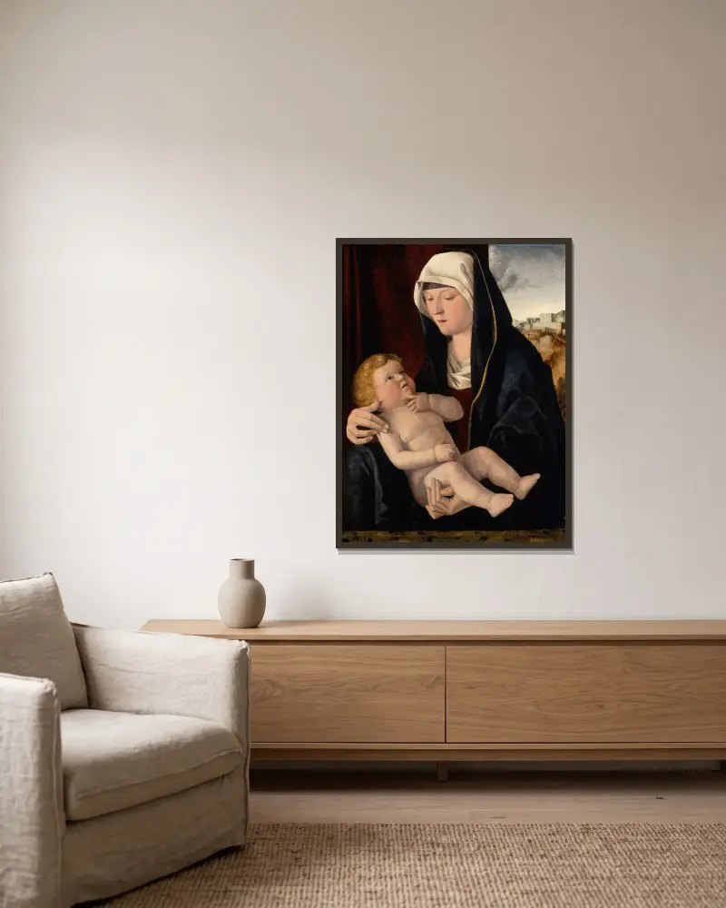 Madonna And Child, 1510 av Giovanni Bellini inramad på en vägg
