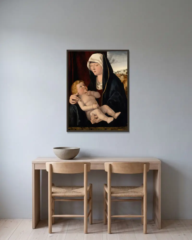 Madonna And Child, 1510 av Giovanni Bellini inramad på en vägg