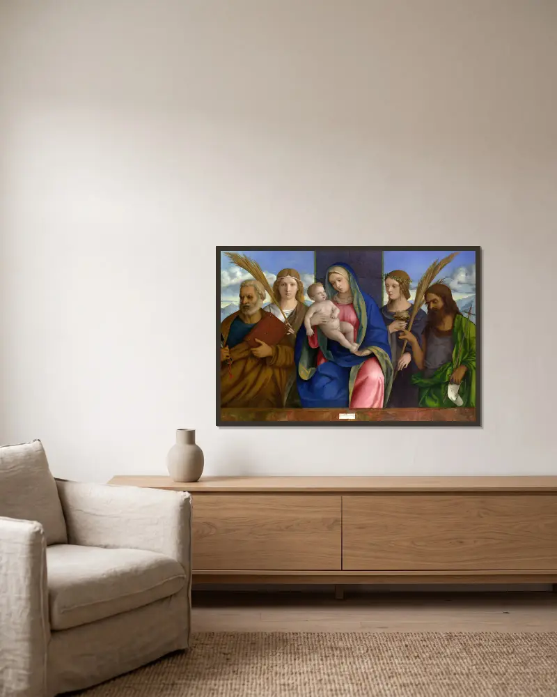 Madonna and Child with Saints av Giovanni Bellini inramad på en vägg