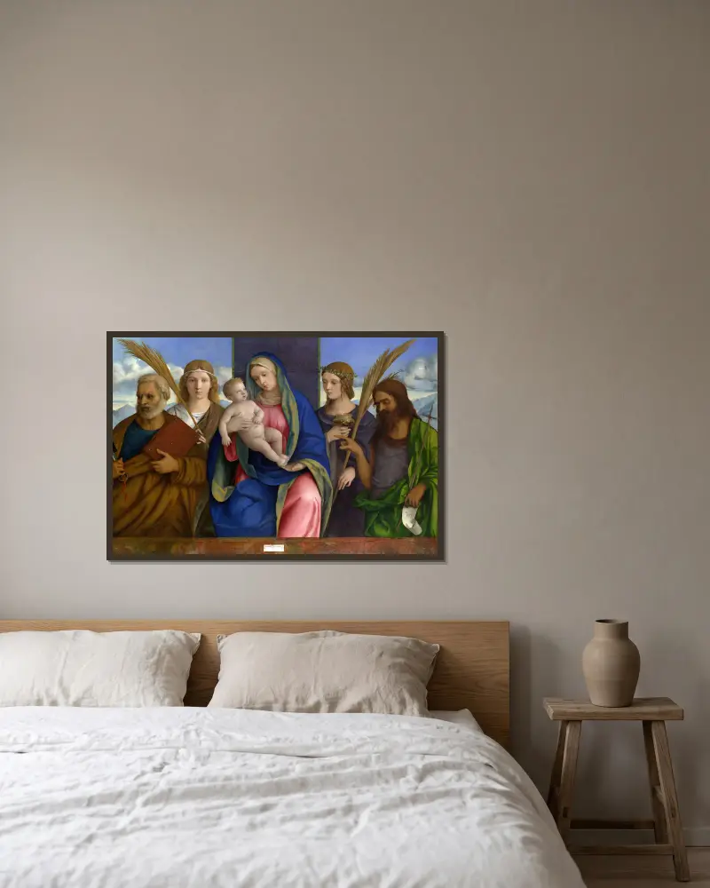 Madonna and Child with Saints av Giovanni Bellini inramad på en vägg