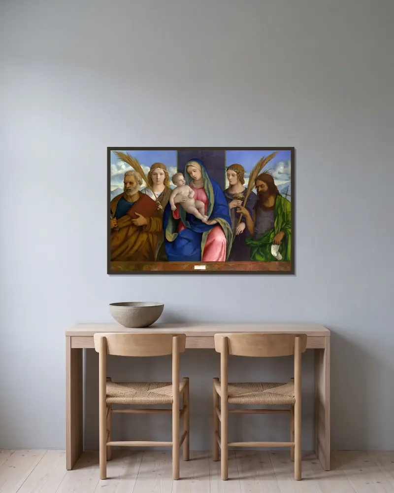 Madonna and Child with Saints av Giovanni Bellini inramad på en vägg