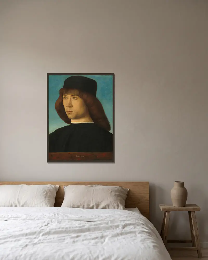 Portrait of a Young Man, 1490 – nr 2 av Giovanni Bellini inramad på en vägg