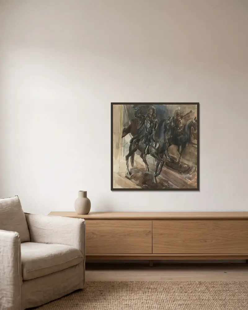 En bronsstaty av Ludvig XIV av Giovanni Boldini inramad på en vägg
