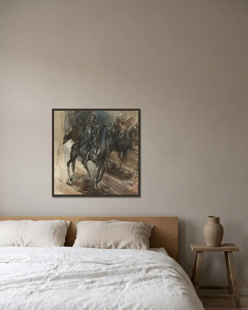 En bronsstaty av Ludvig XIV av Giovanni Boldini inramad på en vägg