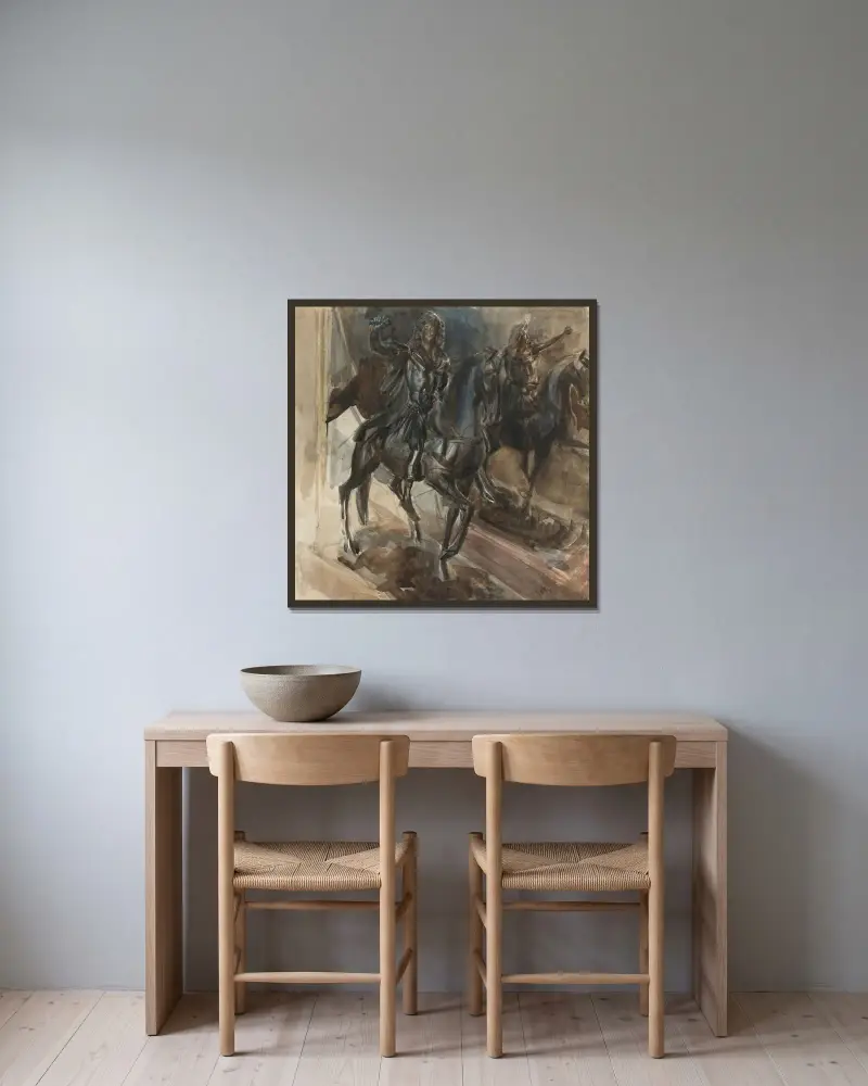 En bronsstaty av Ludvig XIV av Giovanni Boldini inramad på en vägg