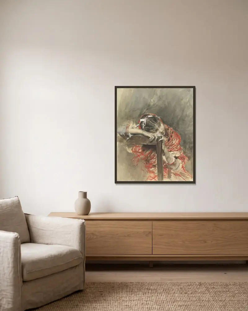 Flicka med röd sjal av Giovanni Boldini inramad på en vägg