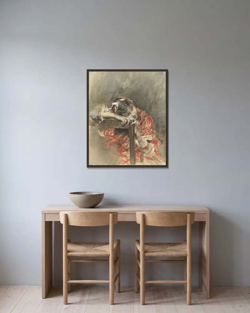 Flicka med röd sjal av Giovanni Boldini inramad på en vägg