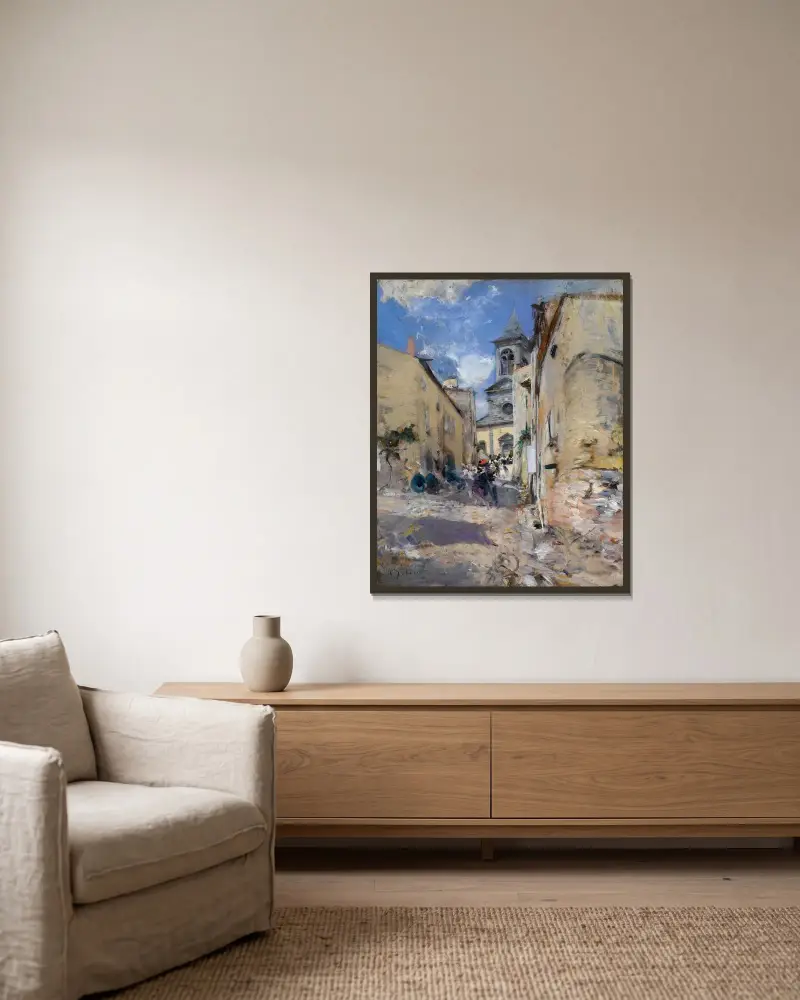 Lantkyrkan (Utgången från mässan) av Giovanni Boldini inramad på en vägg