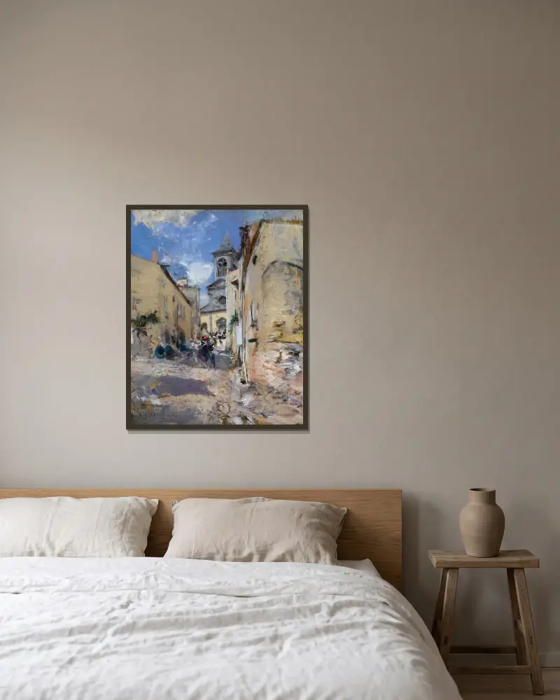 Lantkyrkan (Utgången från mässan) av Giovanni Boldini inramad på en vägg