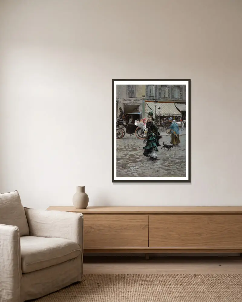 Die Straße überqueren von Giovanni Boldini gerahmt an einer Wand
