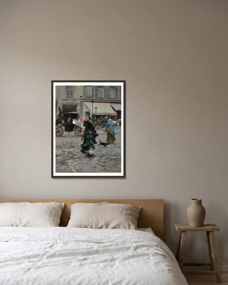 Die Straße überqueren von Giovanni Boldini gerahmt an einer Wand