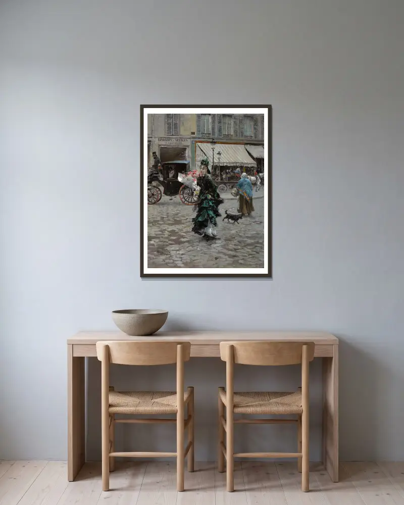 Die Straße überqueren von Giovanni Boldini gerahmt an einer Wand