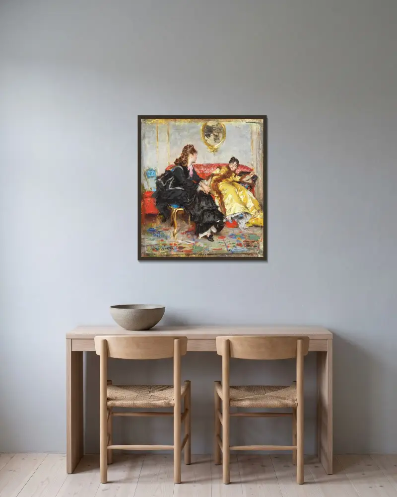 Två damer i en interiör av Giovanni Boldini inramad på en vägg
