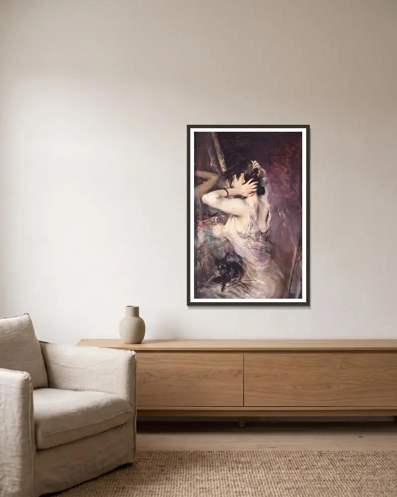 La Toilette av Giovanni Boldini inramad på en vägg