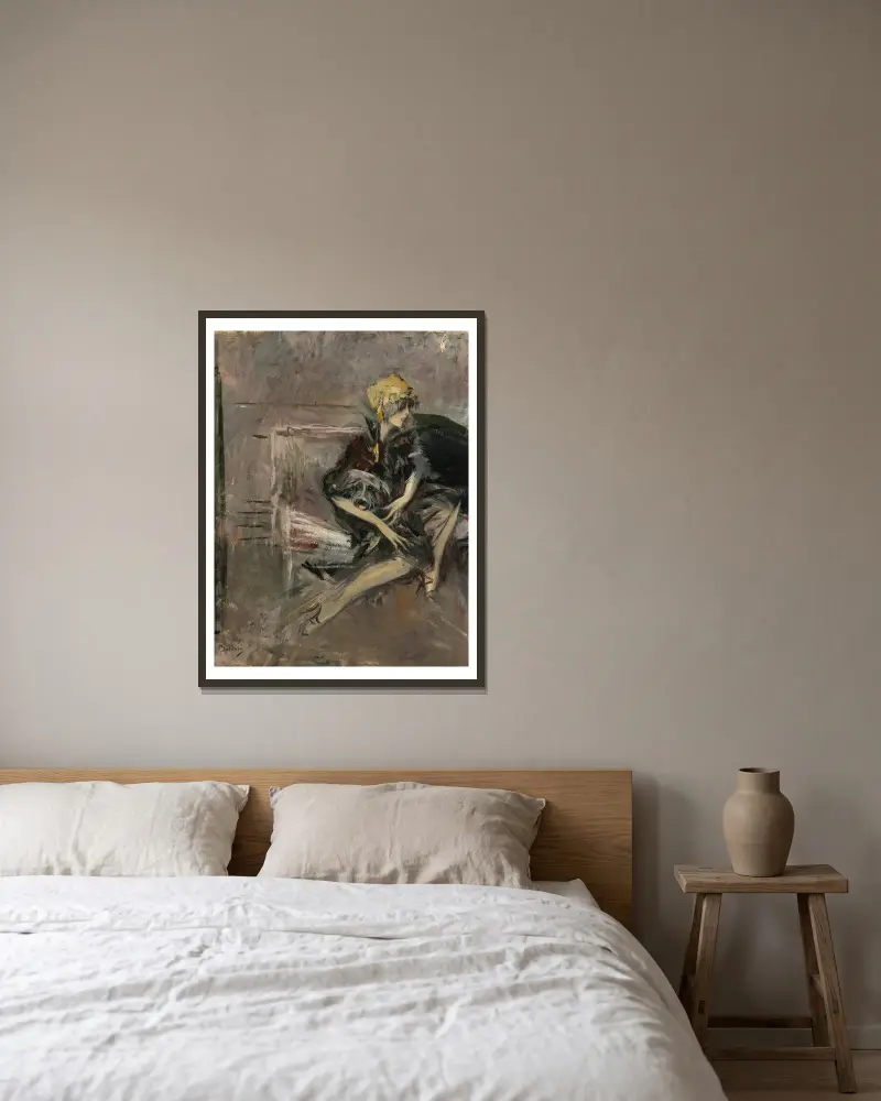 Damen i gul hatt med sin hund (Marchesa Casati) av Giovanni Boldini inramad på en vägg