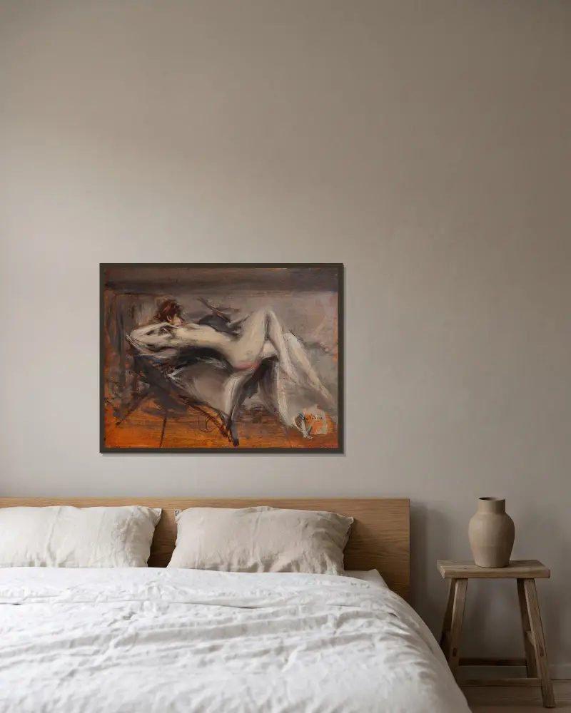 Kvinnlig nakenstudie av Giovanni Boldini inramad på en vägg