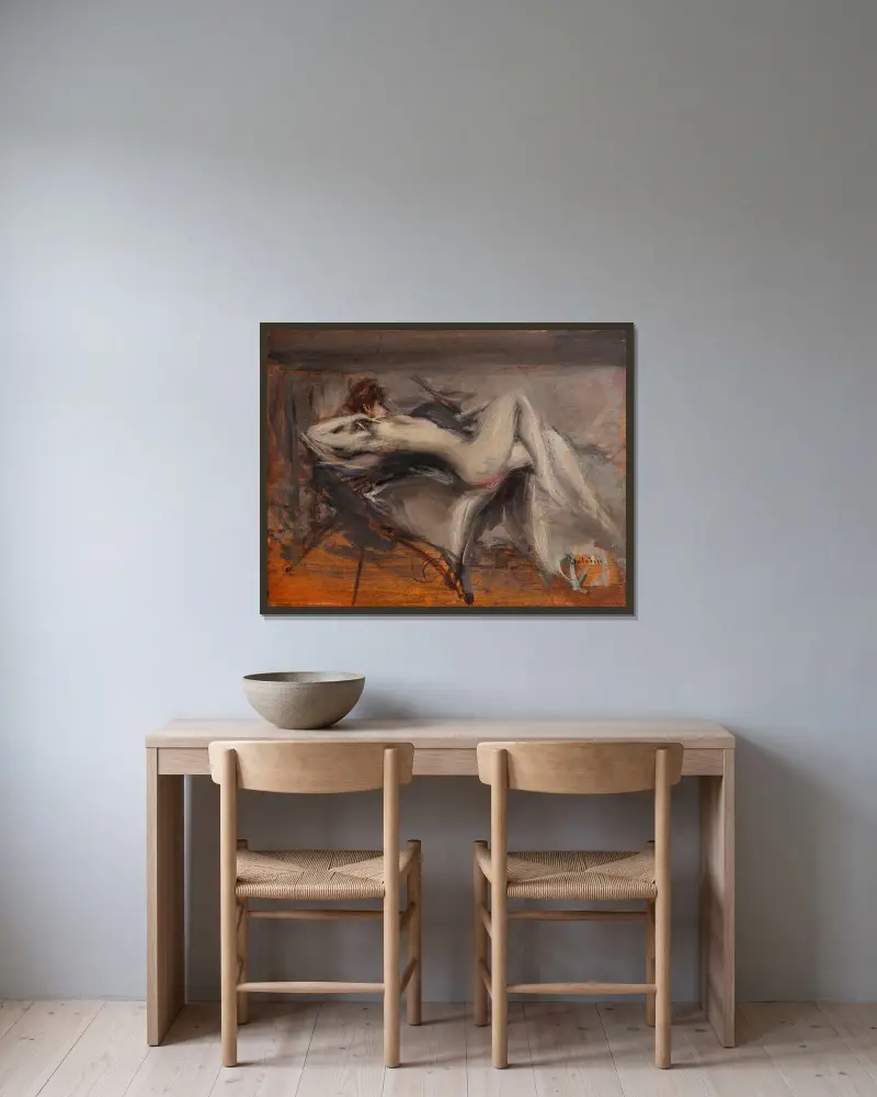Kvinnlig nakenstudie av Giovanni Boldini inramad på en vägg