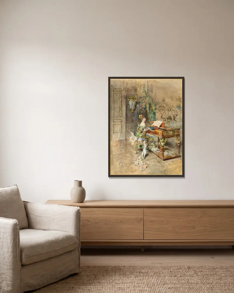 Pianista in abito settecentesco av Giovanni Boldini inramad på en vägg