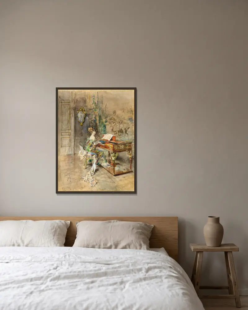 Pianista in abito settecentesco av Giovanni Boldini inramad på en vägg