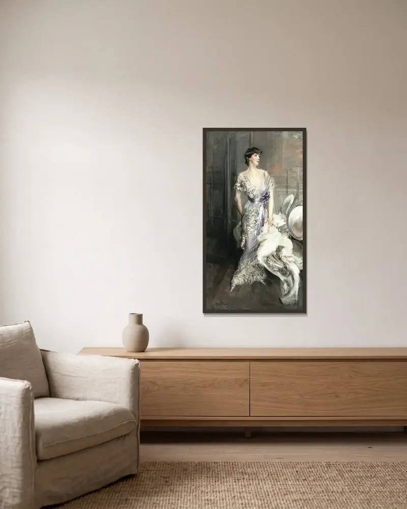 Porträtt av Celia Tobin Clark av Giovanni Boldini inramad på en vägg