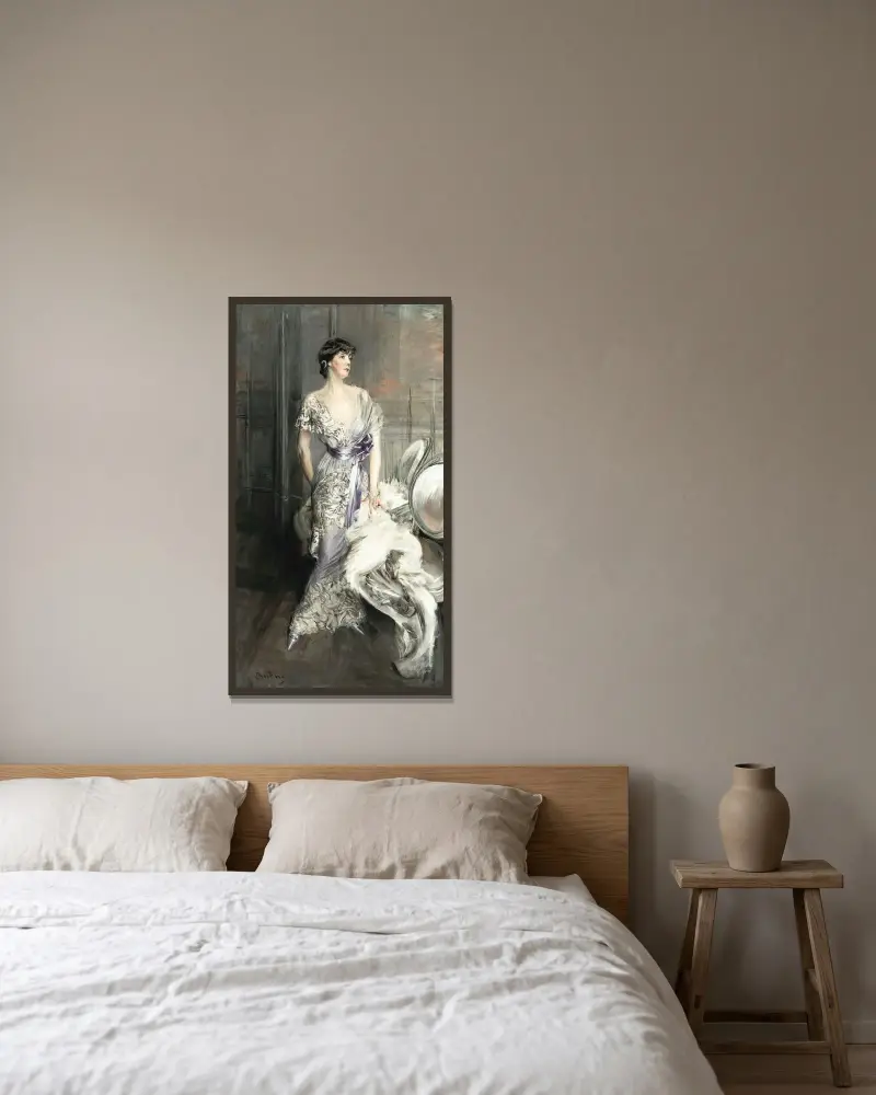 Porträtt av Celia Tobin Clark av Giovanni Boldini inramad på en vägg
