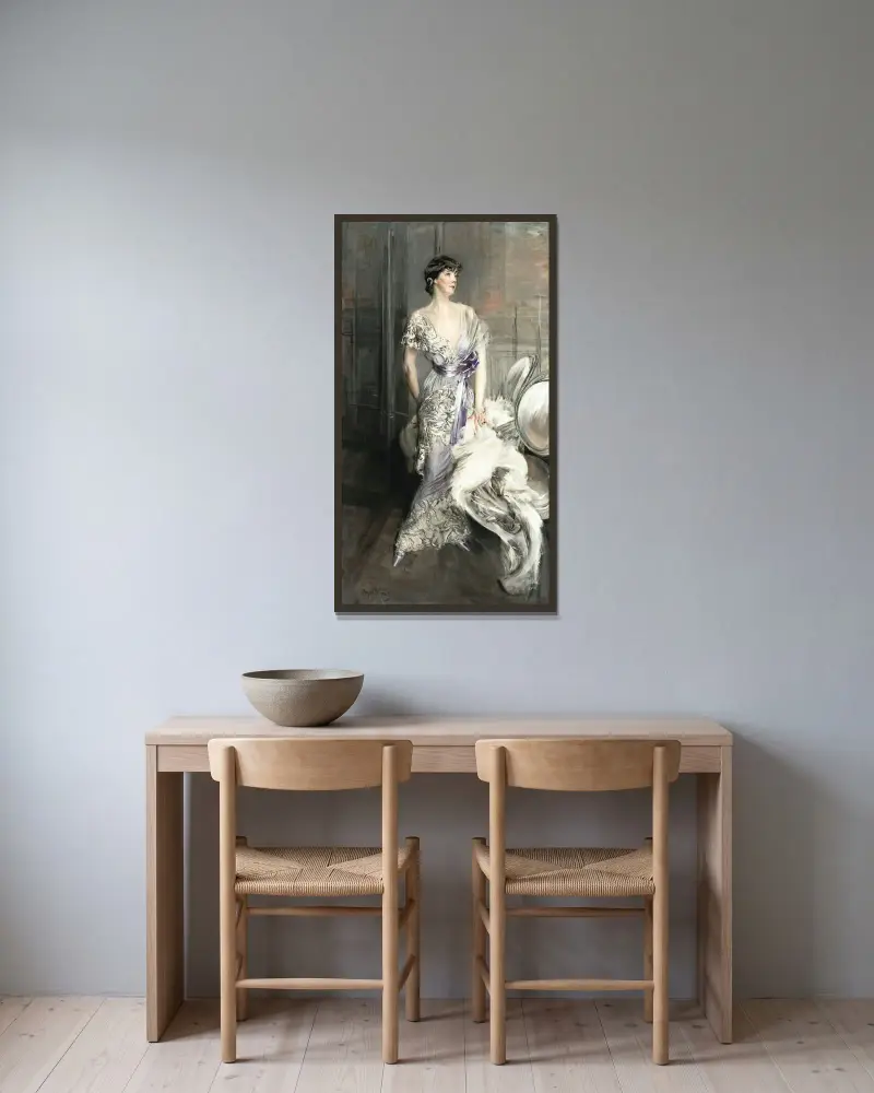 Porträtt av Celia Tobin Clark av Giovanni Boldini inramad på en vägg