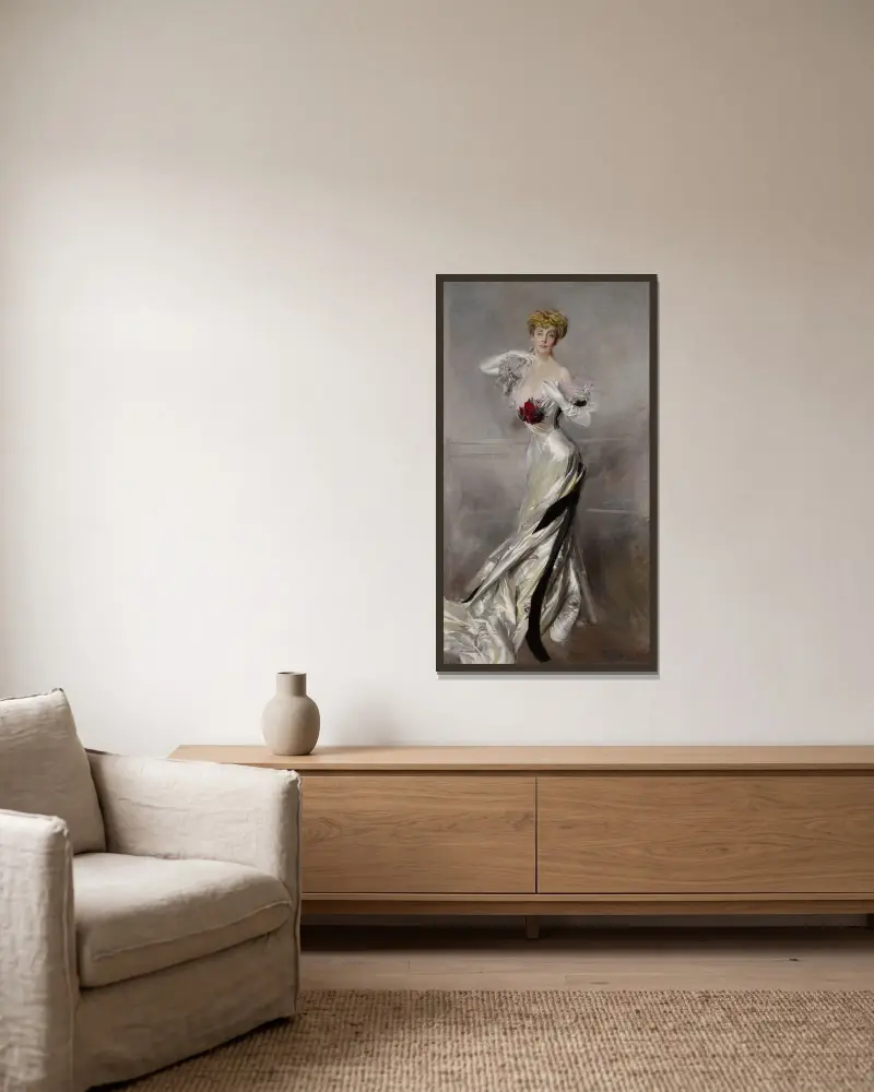 Porträtt av grevinnan Zichy av Giovanni Boldini inramad på en vägg