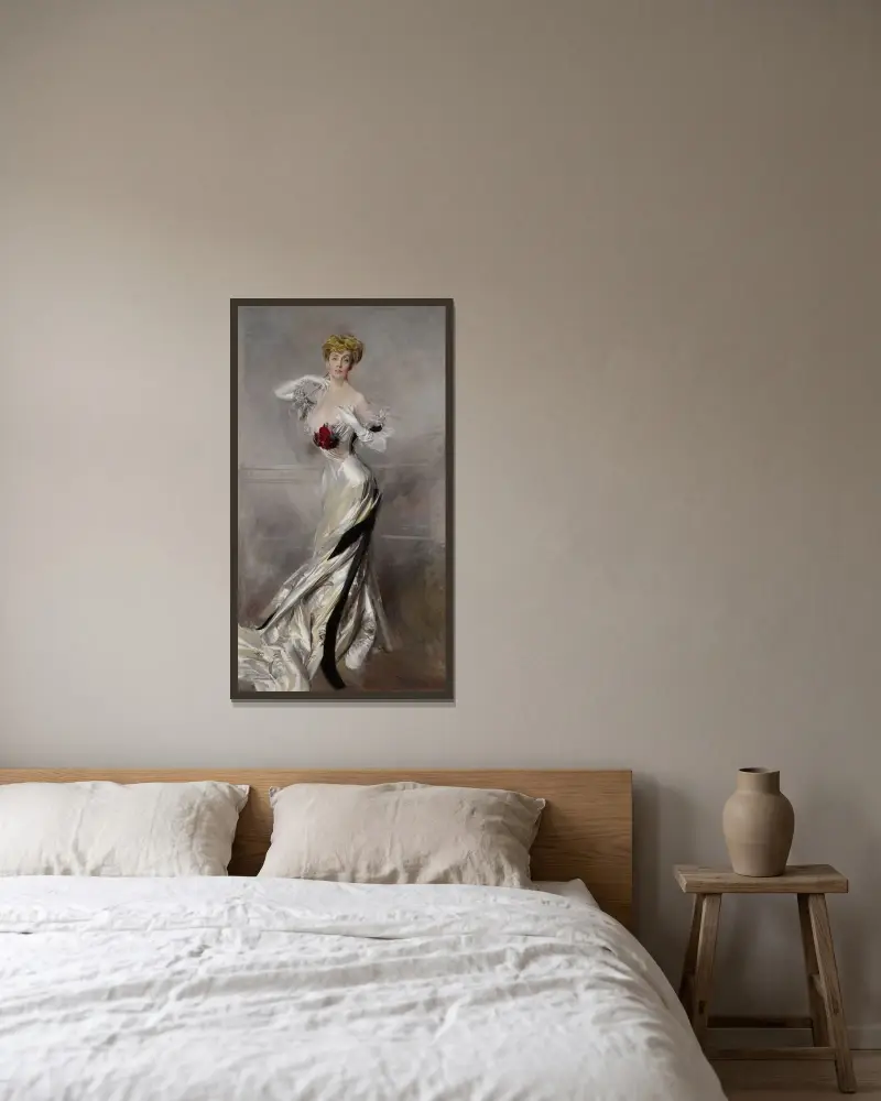 Porträtt av grevinnan Zichy av Giovanni Boldini inramad på en vägg