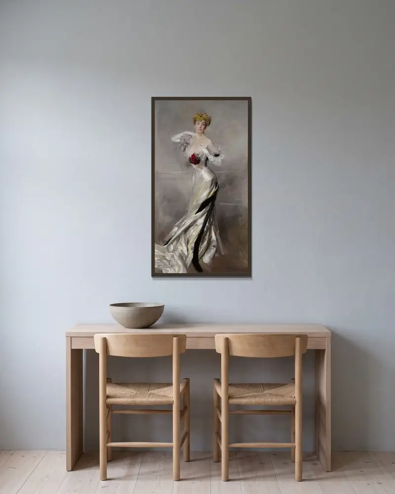 Porträtt av grevinnan Zichy av Giovanni Boldini inramad på en vägg