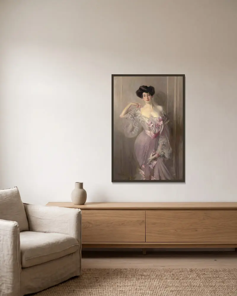 Porträtt av Ena Wertheimer av Giovanni Boldini inramad på en vägg