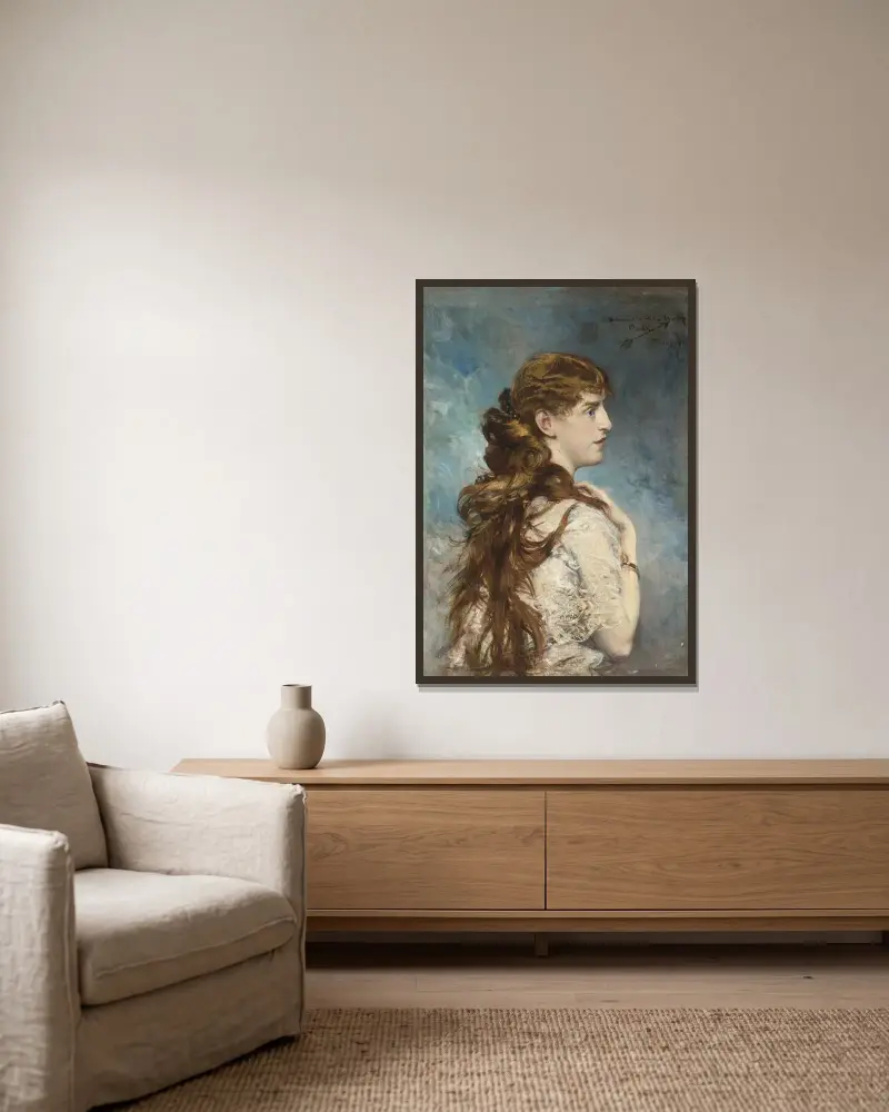 Porträtt av Harriet Valentine Crocker Alexander av Giovanni Boldini inramad på en vägg